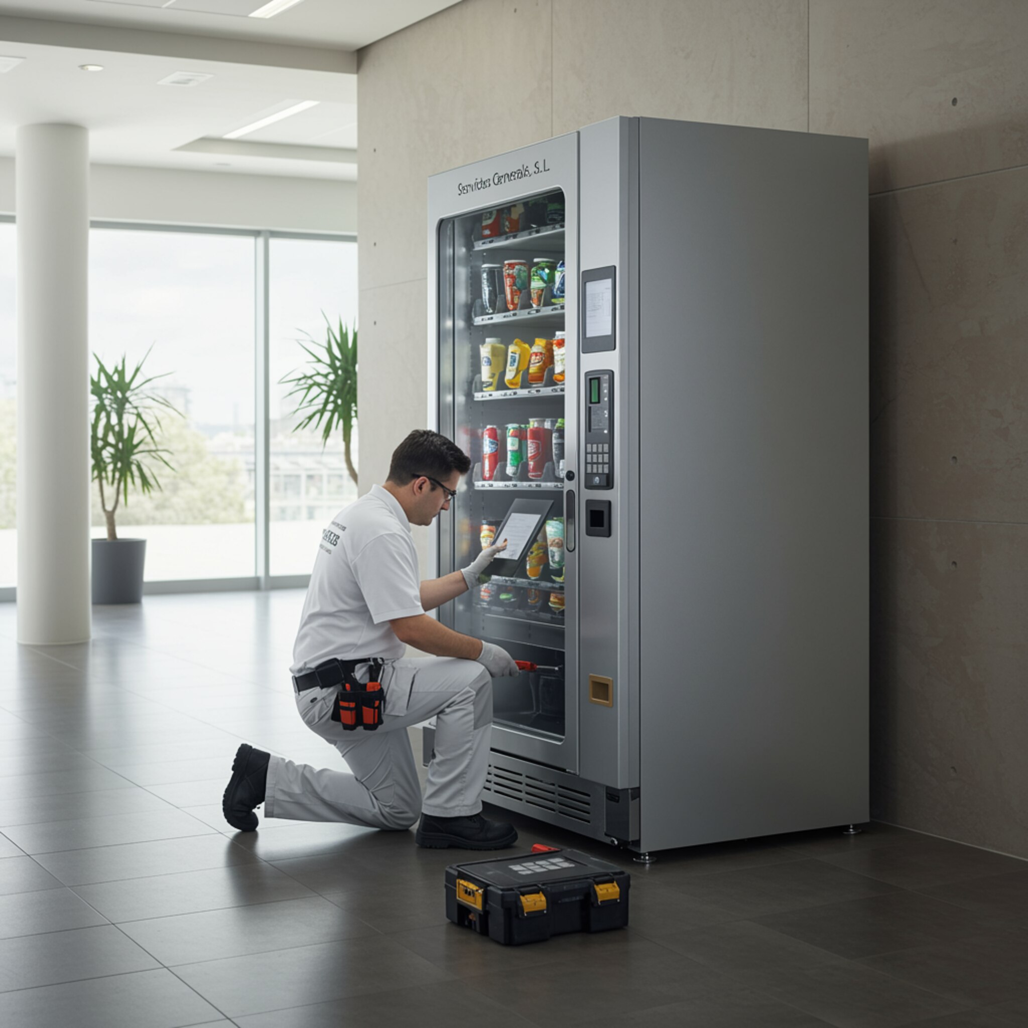 "Instalación de una moderna máquina expendedora por un técnico de Servicios Generales Florido, S.L. en un lobby de oficina minimalista, destacando precisión y calidad."