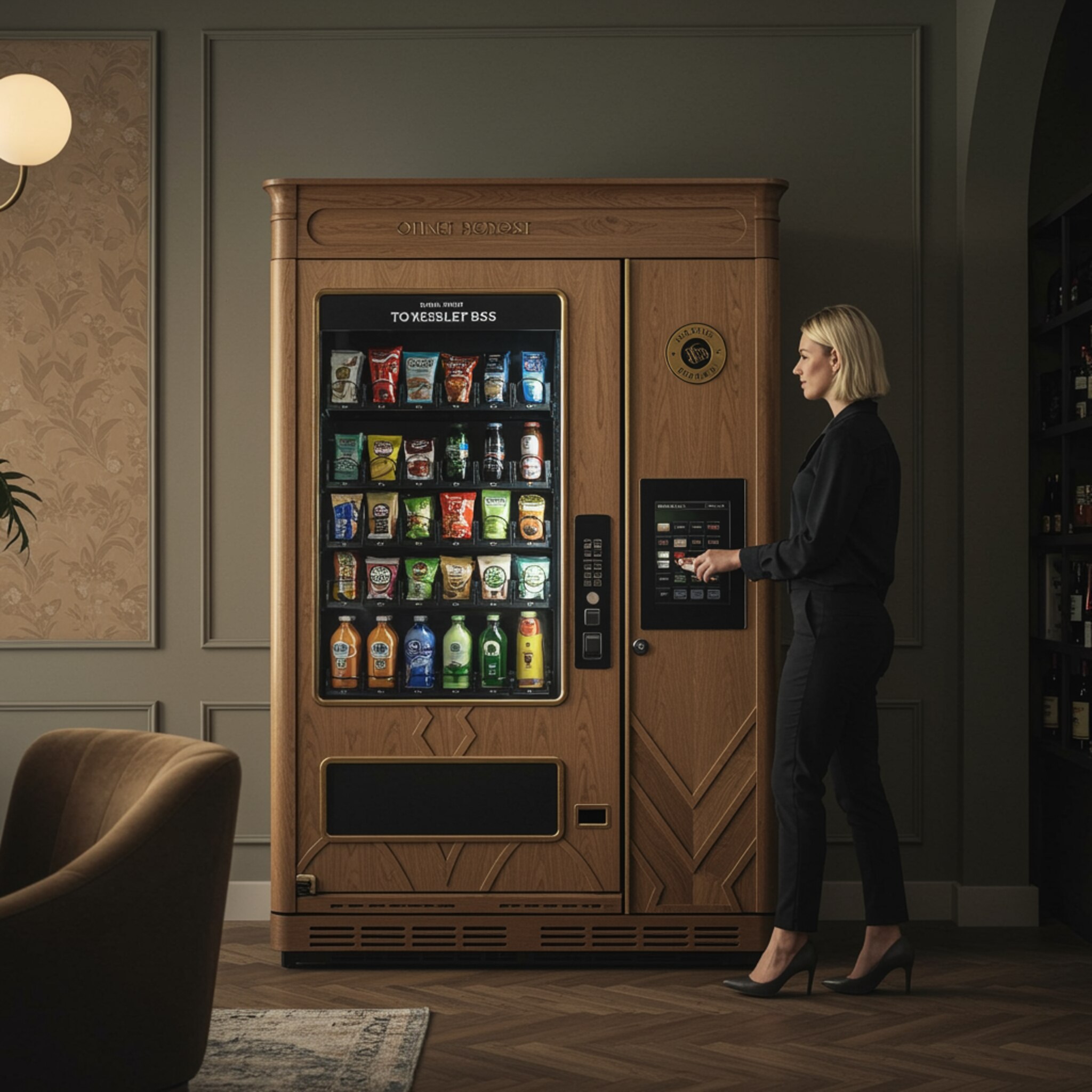 "Lobby de hotel elegante con máquina expendedora personalizada que ofrece snacks saludables y bebidas artesanales en un ambiente acogedor."