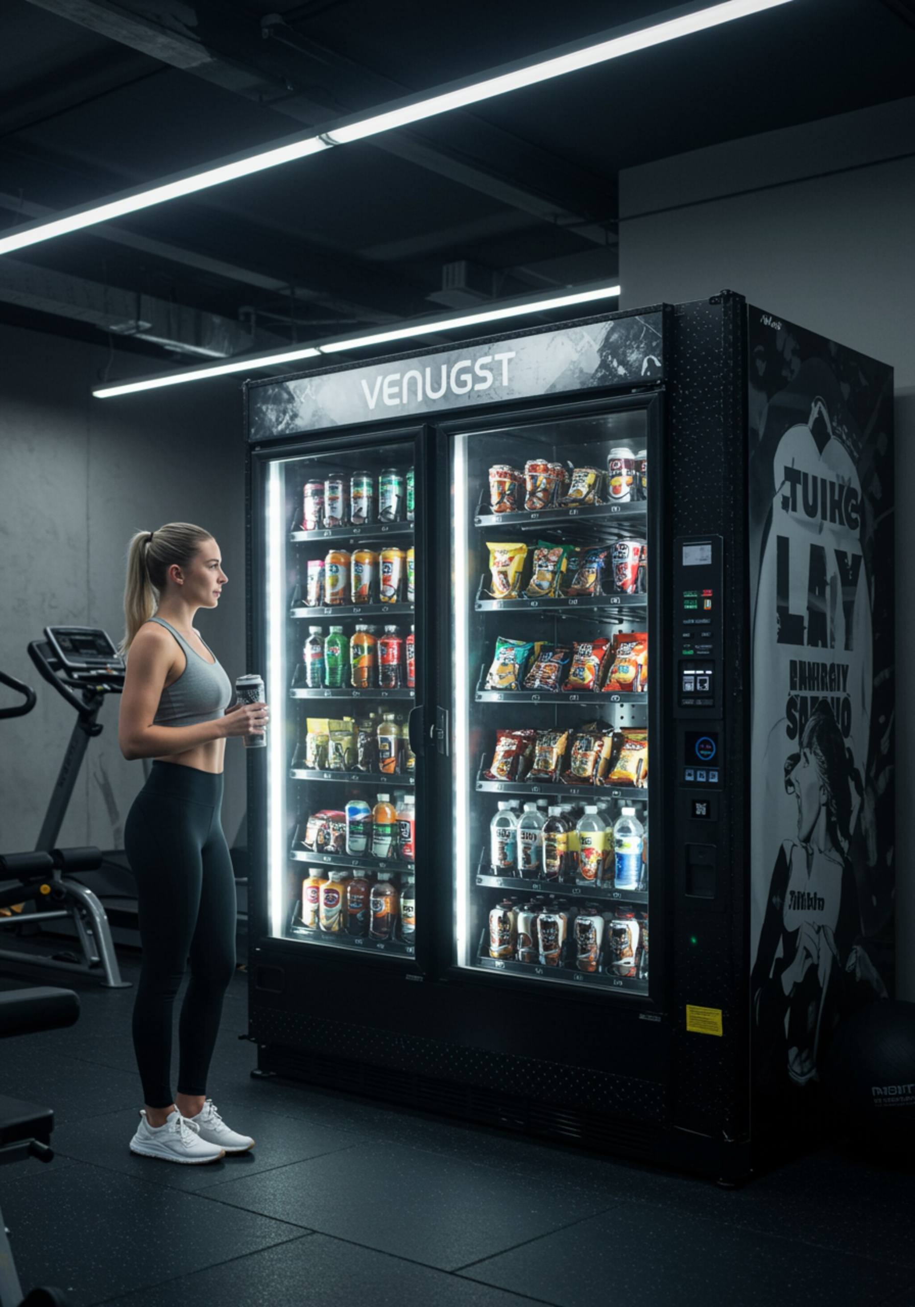 "Vending machine personalizada en un gimnasio, repleta de bebidas deportivas y snacks saludables, destacando soluciones modernas para negocios de fitness."