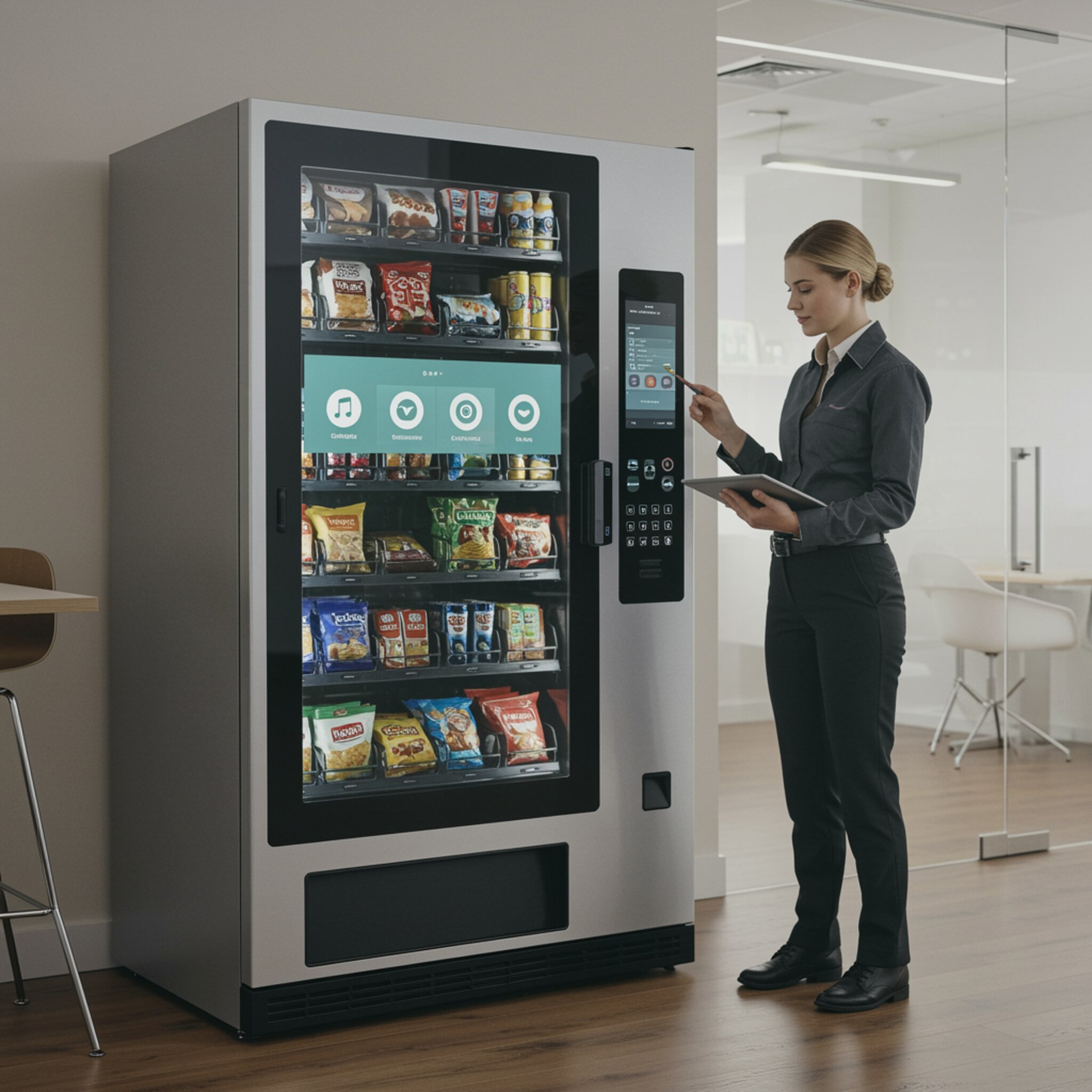 "Break room moderna con máquina expendedora elegante y técnica revisando instalación, ideal para snacks y bebidas de alta calidad."