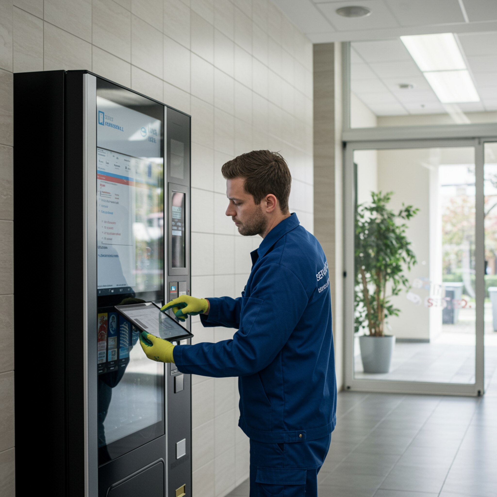 Texto alternativo: "Técnico en uniforme de SERVICIOS GENERALES FLORIDO, S.L. instalando una moderna máquina expendedora en un lobby corporativo luminoso, utilizando una tablet para configurar y conectar cables."