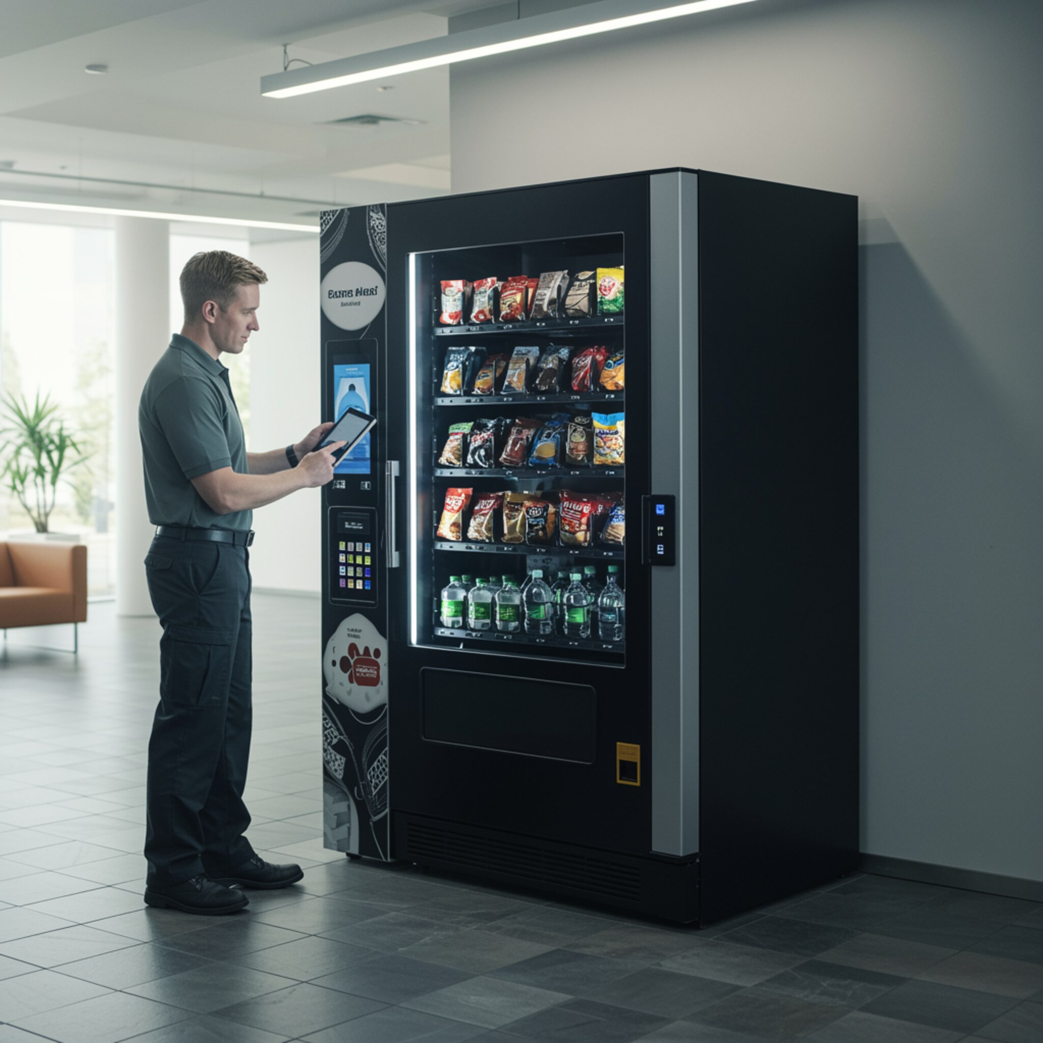 "Máquina expendedora moderna en un lobby corporativo, con pantalla táctil y variedad de productos, mientras un técnico realiza mantenimiento profesional."