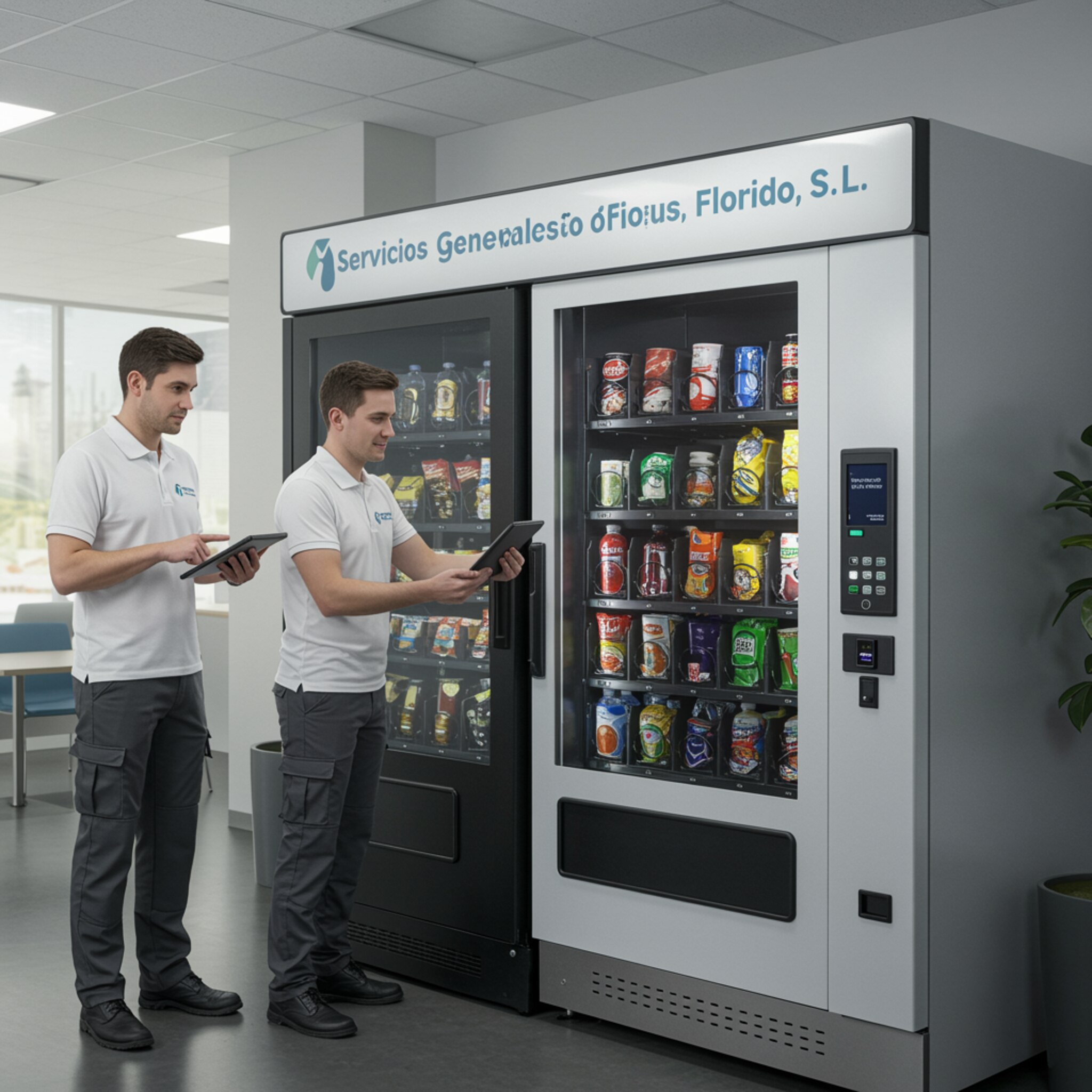 "Dos profesionales de Servicios Generales Florido, S.L. revisan un dispensador moderno en una luminosa sala de descanso corporativa, reflejando confianza y servicio al cliente personalizado."