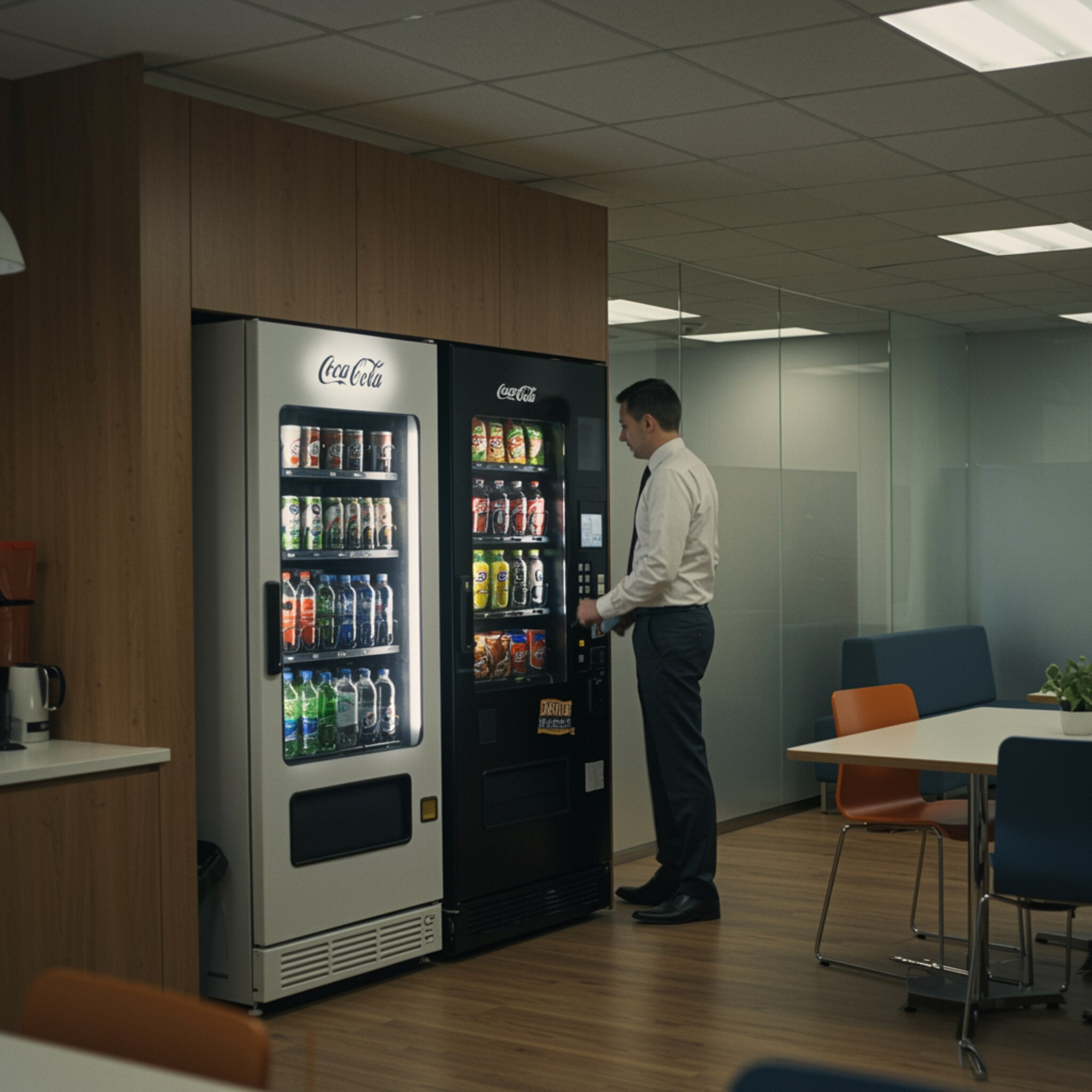 "Oficina moderna con máquina expendedora elegante de bebidas y snacks, iluminada con luz suave en un ambiente profesional y acogedor, donde un hombre de negocios elige su bebida."