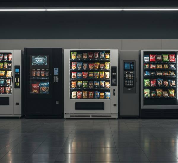 "Showroom de máquinas expendedoras en alta resolución con diversas formas y colores, exhibiendo snacks y bebidas frías en un entorno iluminado."